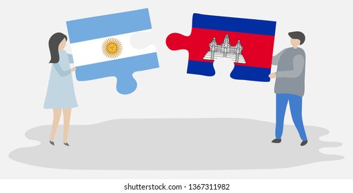 Couple holding two puzzles pieces with Argentine and Cambodian flags. Argentina and Cambodia national symbols together.