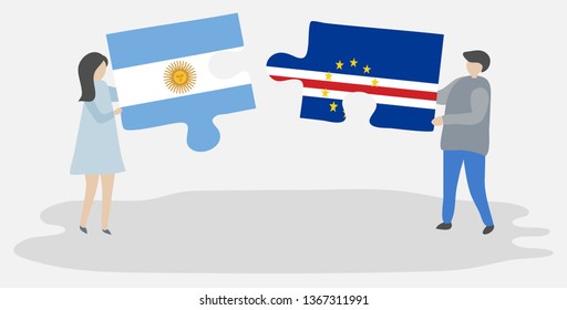 Couple holding two puzzles pieces with Argentine and Cabo Verdean flags. Argentina and Cape Verde national symbols together.
