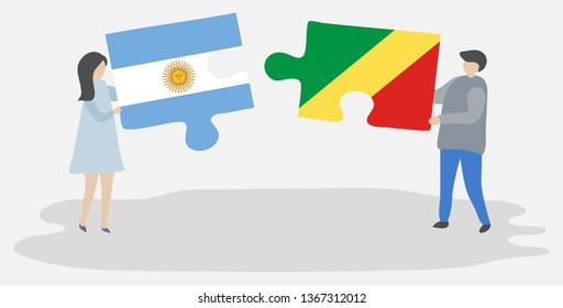 Couple holding two puzzles pieces with Argentine and Congolese flags. Argentina and Republic of the Congo national symbols together.