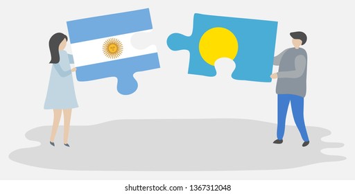Couple holding two puzzles pieces with Argentine and Palauan flags. Argentina and Palau national symbols together.