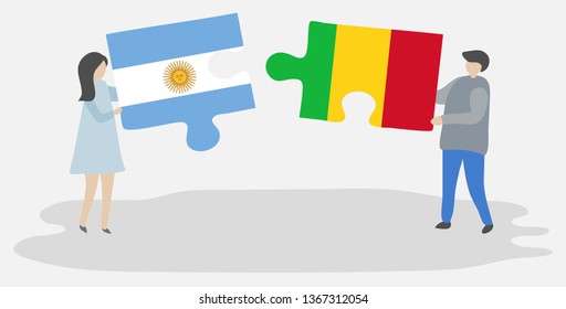 Couple holding two puzzles pieces with Argentine and Malian flags. Argentina and Mali national symbols together.