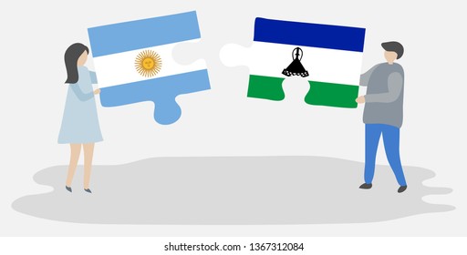 Couple holding two puzzles pieces with Argentine and Basotho flags. Argentina and Lesotho national symbols together.