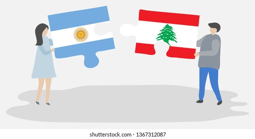 Couple holding two puzzles pieces with Argentine and Lebanese flags. Argentina and Lebanon national symbols together.
