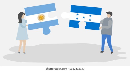 Couple holding two puzzles pieces with Argentine and Honduran flags. Argentina and Honduras national symbols together.