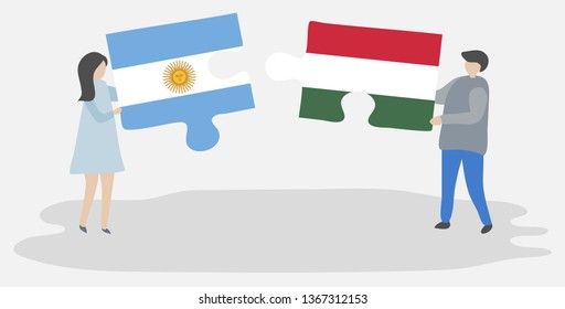 Couple holding two puzzles pieces with Argentine and Hungarian flags. Argentina and Hungary national symbols together.