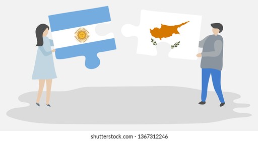 Couple holding two puzzles pieces with Argentine and Cypriot flags. Argentina and Cyprus national symbols together.