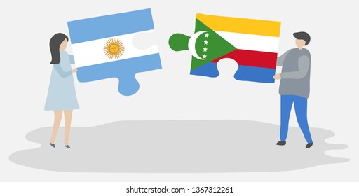 Couple holding two puzzles pieces with Argentine and Comoran flags. Argentina and Comoros national symbols together.