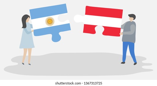 Couple holding two puzzles pieces with Argentine and Austrian flags. Argentina and Austria national symbols together.
