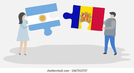 Couple holding two puzzles pieces with Argentine and Andorran flags. Argentina and Andorra national symbols together.