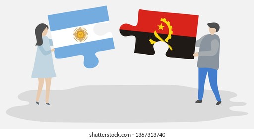 Couple holding two puzzles pieces with Argentine and Angolan flags. Argentina and Angola national symbols together.