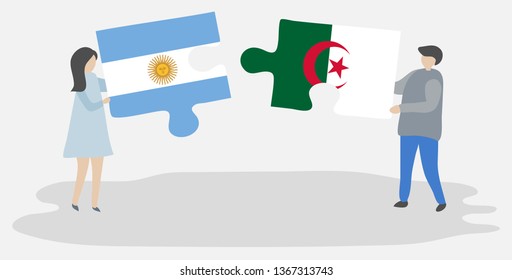 Couple holding two puzzles pieces with Argentine and Algerian flags. Argentina and Algeria national symbols together.