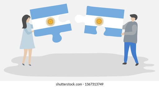 Couple holding two puzzles pieces with Argentine and Argentine flags. Argentina and Argentina national symbols together.