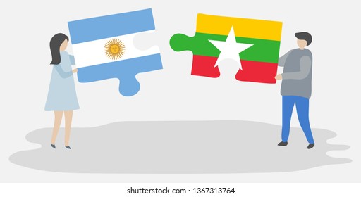 Couple holding two puzzles pieces with Argentine and Burmese flags. Argentina and Myanmar national symbols together.