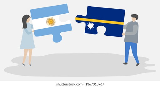 Couple holding two puzzles pieces with Argentine and Nauruan flags. Argentina and Nauru national symbols together.