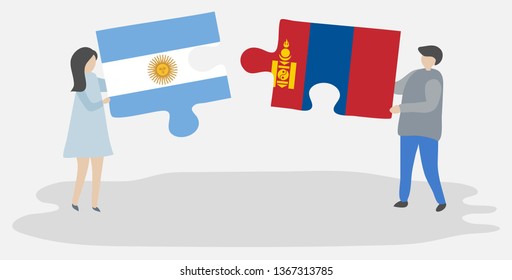 Couple holding two puzzles pieces with Argentine and Mongolian flags. Argentina and Mongolia national symbols together.