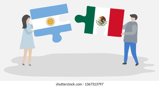 Couple holding two puzzles pieces with Argentine and Mexican flags. Argentina and Mexico national symbols together.