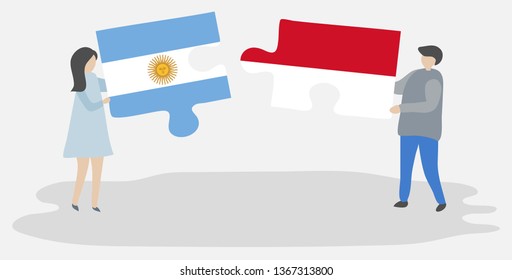 Couple holding two puzzles pieces with Argentine and Monegasque flags. Argentina and Monaco national symbols together.