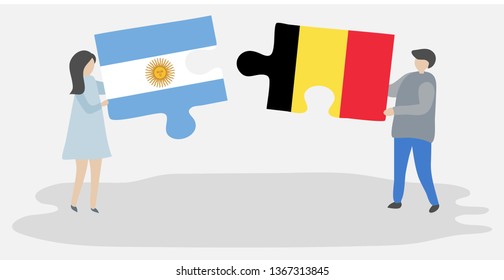 Couple holding two puzzles pieces with Argentine and Belgian flags. Argentina and Belgium national symbols together.