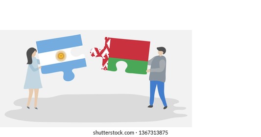 Couple holding two puzzles pieces with Argentine and Belarusian flags. Argentina and Belarus national symbols together.