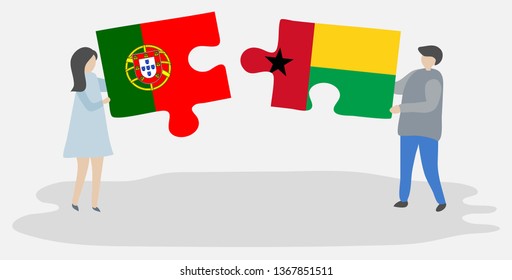 Couple holding two puzzles pieces with Portuguese and Bissau-Guinean flags. Portugal and Guinea-Bissau national symbols together.