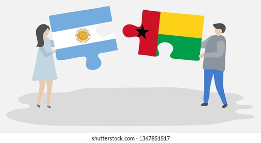 Couple holding two puzzles pieces with Argentine and Bissau-Guinean flags. Argentina and Guinea-Bissau national symbols together.
