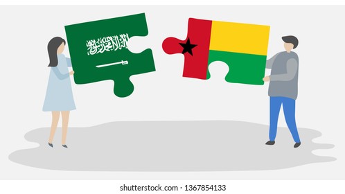 Couple holding two puzzles pieces with Saudi Arabian and Bissau-Guinean flags. Saudi Arabia and Guinea-Bissau national symbols together.
