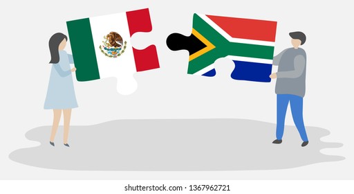 Couple holding two puzzles pieces with Mexican and South African flags. Mexico and South Africa national symbols together.