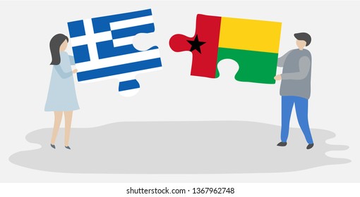 Couple holding two puzzles pieces with Greek and Bissau-Guinean flags. Greece and Guinea-Bissau national symbols together.