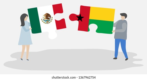 Couple holding two puzzles pieces with Mexican and Bissau-Guinean flags. Mexico and Guinea-Bissau national symbols together.