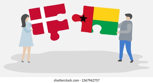 Couple holding two puzzles pieces with Danish and Bissau-Guinean flags. Denmark and Guinea-Bissau national symbols together.