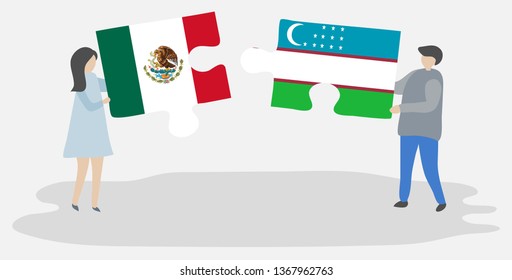 Couple holding two puzzles pieces with Mexican and Uzbek flags. Mexico and Uzbekistan national symbols together.