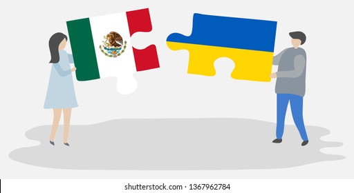 Couple holding two puzzles pieces with Mexican and Ukrainian flags. Mexico and Ukraine national symbols together.