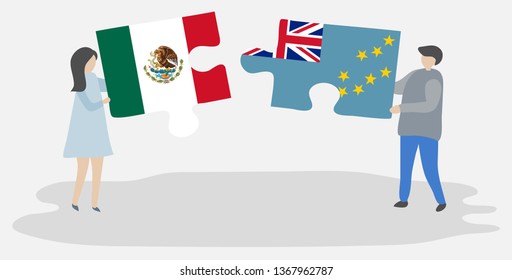 Couple holding two puzzles pieces with Mexican and Tuvaluan flags. Mexico and Tuvalu national symbols together.