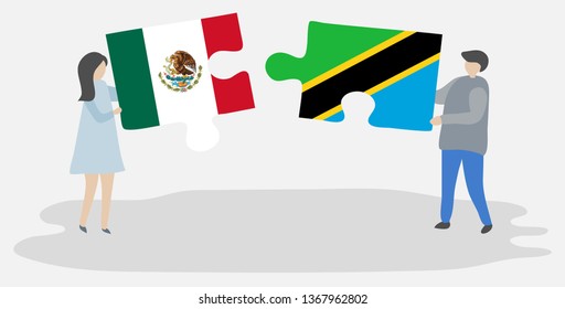 Couple holding two puzzles pieces with Mexican and Tanzanian flags. Mexico and Tanzania national symbols together.