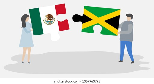 Couple holding two puzzles pieces with Mexican and Jamaican flags. Mexico and Jamaica national symbols together.
