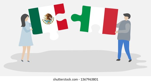 Couple holding two puzzles pieces with Mexican and Italian flags. Mexico and Italy national symbols together.