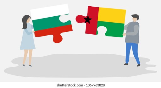 Couple holding two puzzles pieces with Bulgarian and Bissau-Guinean flags. Bulgaria and Guinea-Bissau national symbols together.