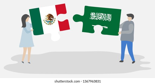 Couple holding two puzzles pieces with Mexican and Saudi Arabian flags. Mexico and Saudi Arabia national symbols together.
