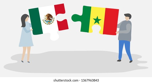 Couple holding two puzzles pieces with Mexican and Senegalese flags. Mexico and Senegal national symbols together.