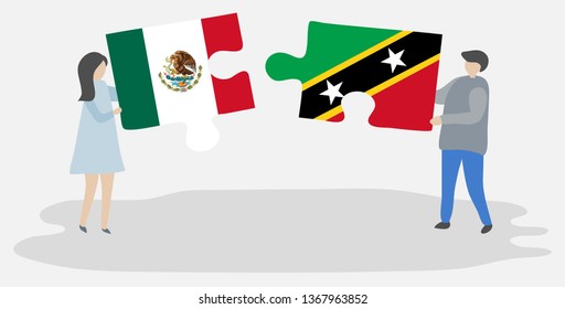 Couple holding two puzzles pieces with Mexican and Kittitian flags. Mexico and Saint Kitts and Nevis national symbols together.