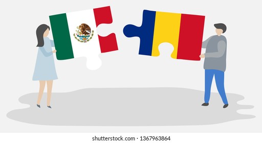 Couple holding two puzzles pieces with Mexican and Romanian flags. Mexico and Romania national symbols together.