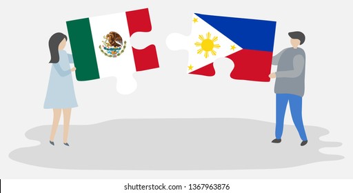 Couple holding two puzzles pieces with Mexican and Filipino flags. Mexico and Philippines national symbols together.
