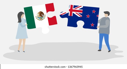 Couple holding two puzzles pieces with Mexican and NZ flags. Mexico and New Zealand national symbols together.