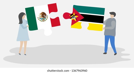 Couple holding two puzzles pieces with Mexican and Mozambican flags. Mexico and Mozambique national symbols together.