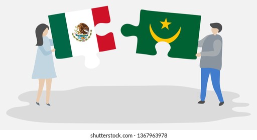 Couple holding two puzzles pieces with Mexican and Mauritanian flags. Mexico and Mauritania national symbols together.