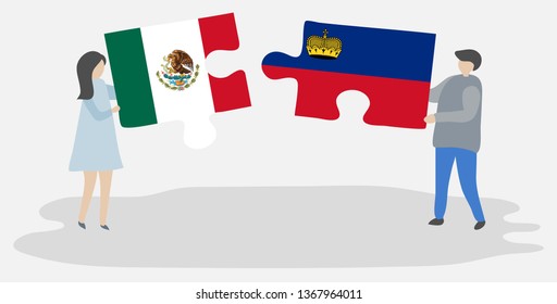 Couple holding two puzzles pieces with Mexican and Liechtenstein flags. Mexico and Liechtenstein national symbols together.