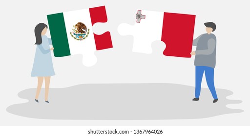 Couple holding two puzzles pieces with Mexican and Maltese flags. Mexico and Malta national symbols together.