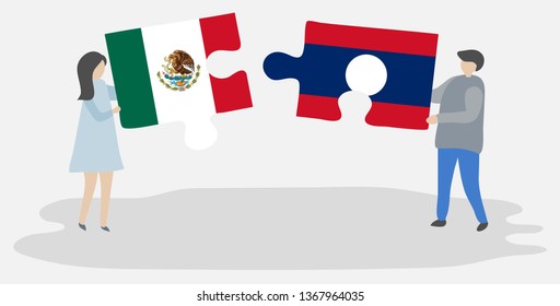Couple holding two puzzles pieces with Mexican and Lao flags. Mexico and Laos national symbols together.