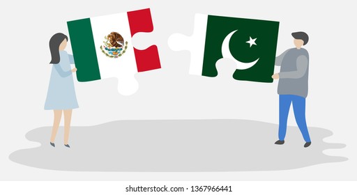 Couple holding two puzzles pieces with Mexican and Pakistani flags. Mexico and Pakistan national symbols together.