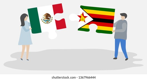 Couple holding two puzzles pieces with Mexican and Zimbabwean flags. Mexico and Zimbabwe national symbols together.